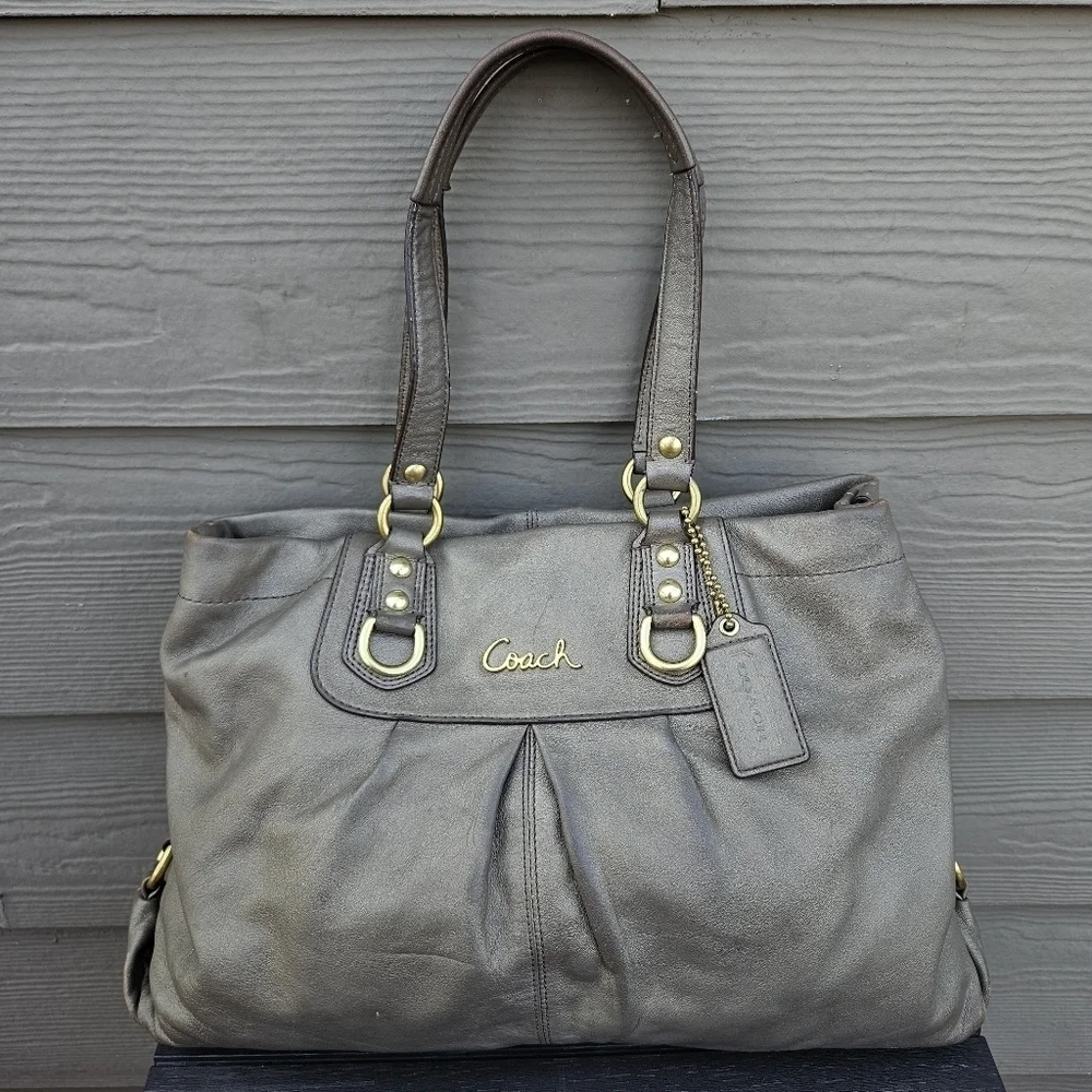 COACH Ashley Carryall Satchel Steel Gold Leather Hobo Shoulder Bag Purse F15513